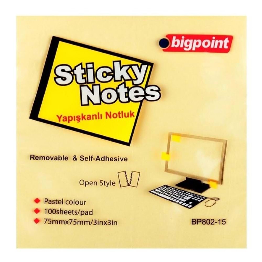 Bigpoint BP802-15 Yapışkanlı Not Kağıdı 75x75mm Sarı, 100lü