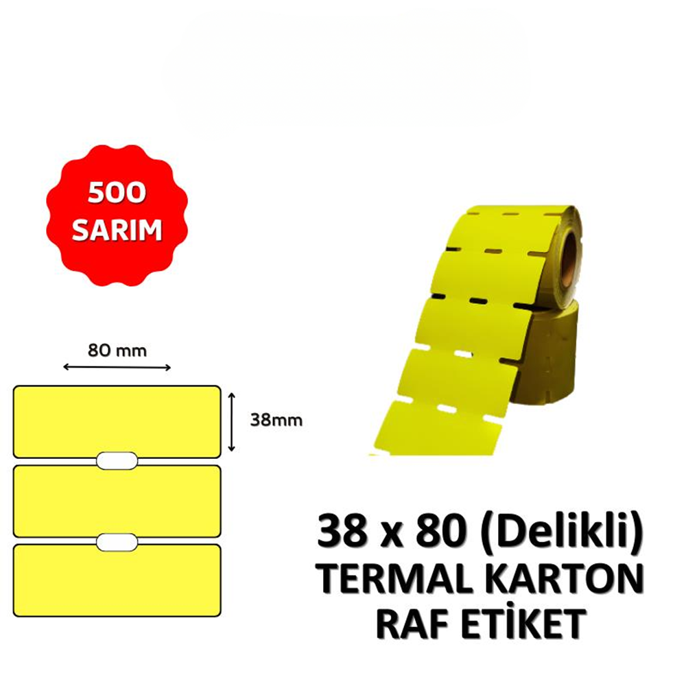OKUR Termal Karton Raf Etiketi 38mm x 80mm DELİKLİ SARI - 500 Adet