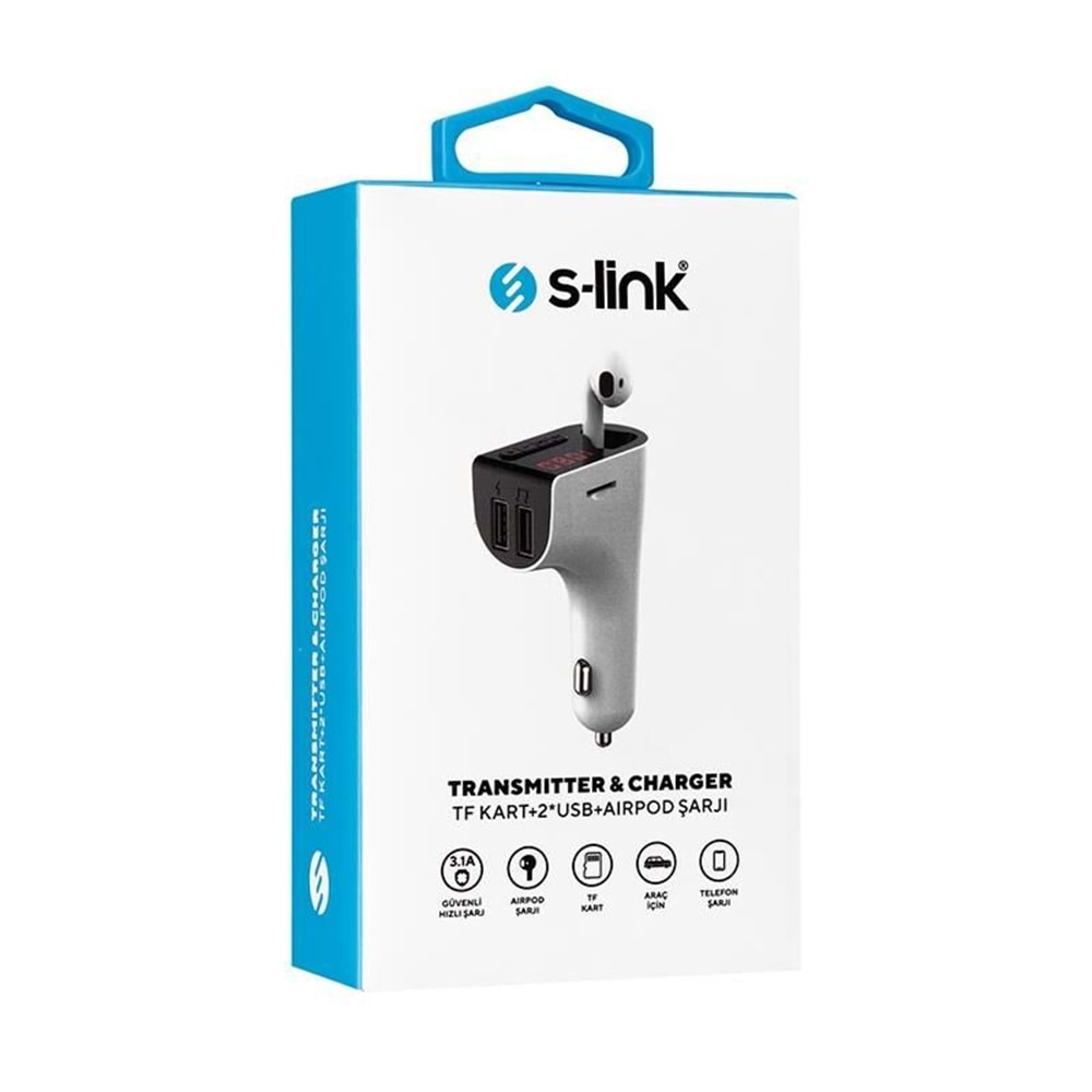 S-link SL-BT245 Bluetooth Kulaklık ve TF+USB Fm Transmitter 5V 3.1A, 5V 1A