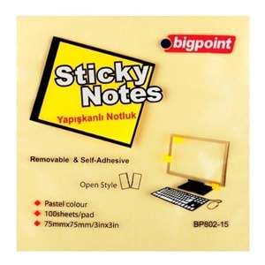Bigpoint BP802-15 Yapışkanlı Not Kağıdı 75x75mm Sarı, 100lü