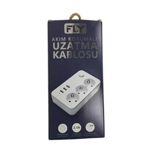 FLY FLY-3406-01 Akım Korumalı Priz 3'lü, Anahtarlı, 2 Metre, 3 USB 2.1A Şarj Çıkışı