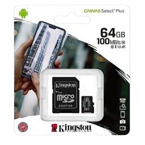 Kingston 64GB Canvas Select Plus Gen3 Micro SDXC 100MB/s A1 Hafıza Kartı, SDCS3/64GB