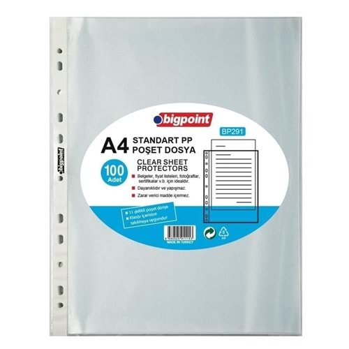 Bigpoint BP291 Föy Dosya Standart 40 Mikron A4 Şeffaf 100|*apos;lü Paket Poşet Dosya