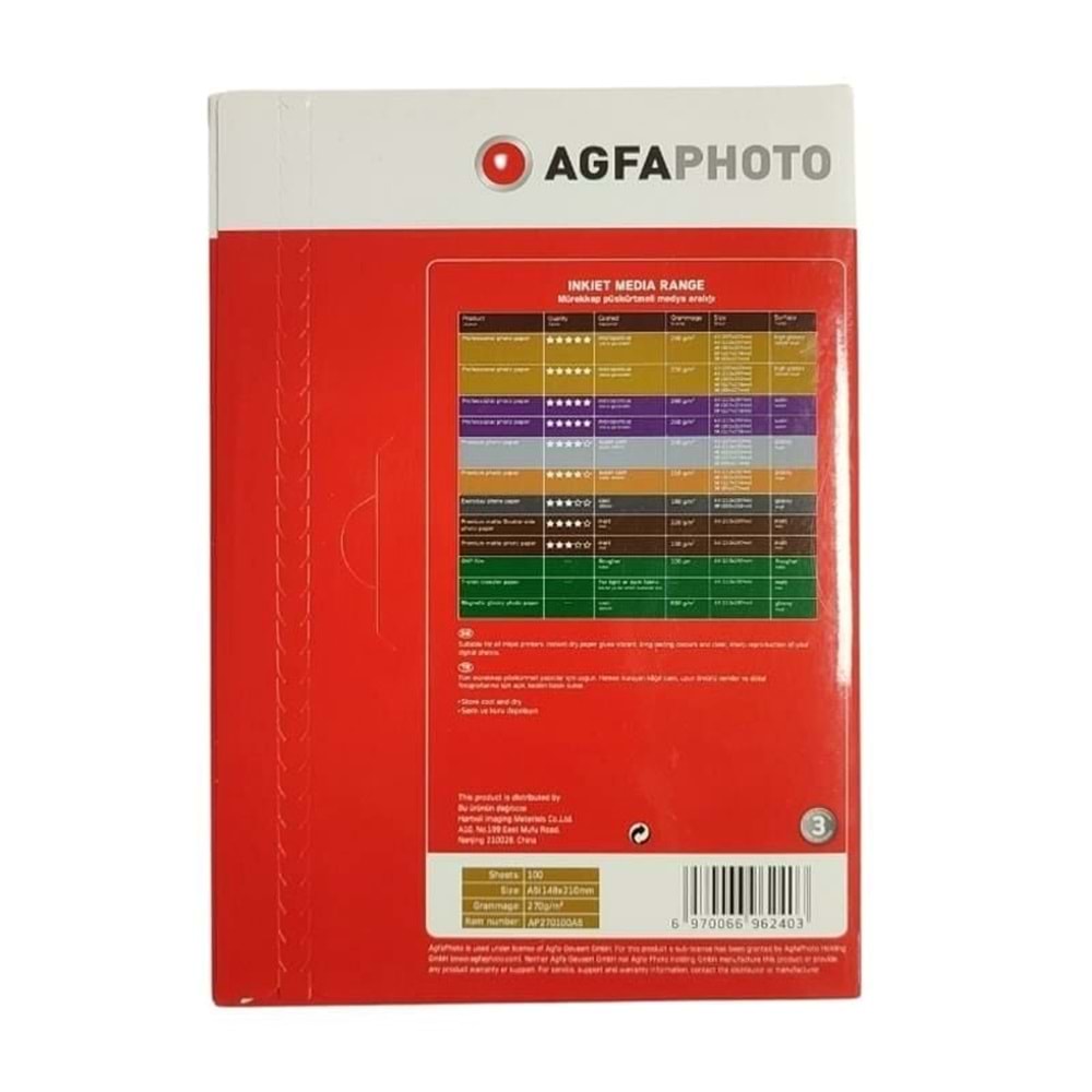 Agfa Photo Paper High Glossy 15x21(A5) 270gr (100 Adet)
