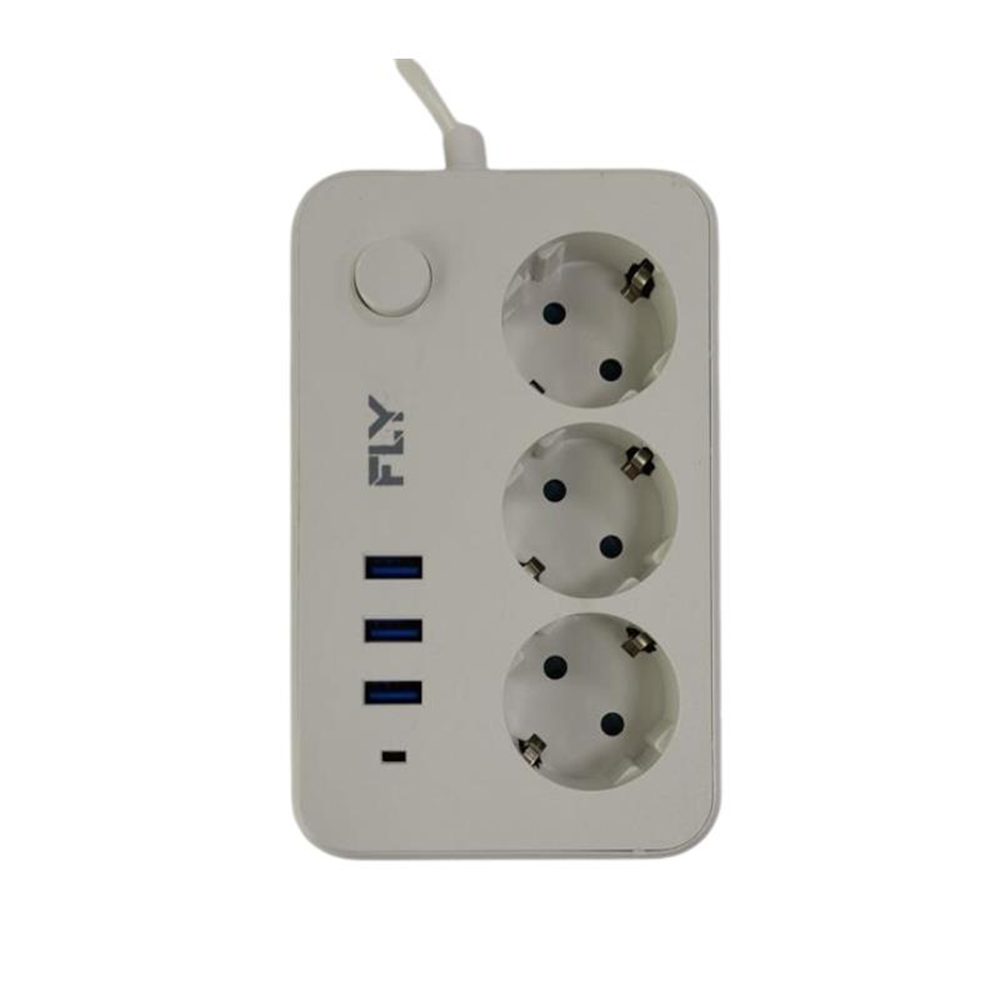 FLY FLY-3406-01 Akım Korumalı Priz 3'lü, Anahtarlı, 2 Metre, 3 USB 2.1A Şarj Çıkışı