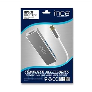 Inca Type-C Girişli 4 Port Usb 3.0 Çoklayıcı Hub + Ethernet RJ45 Mulitiplexer