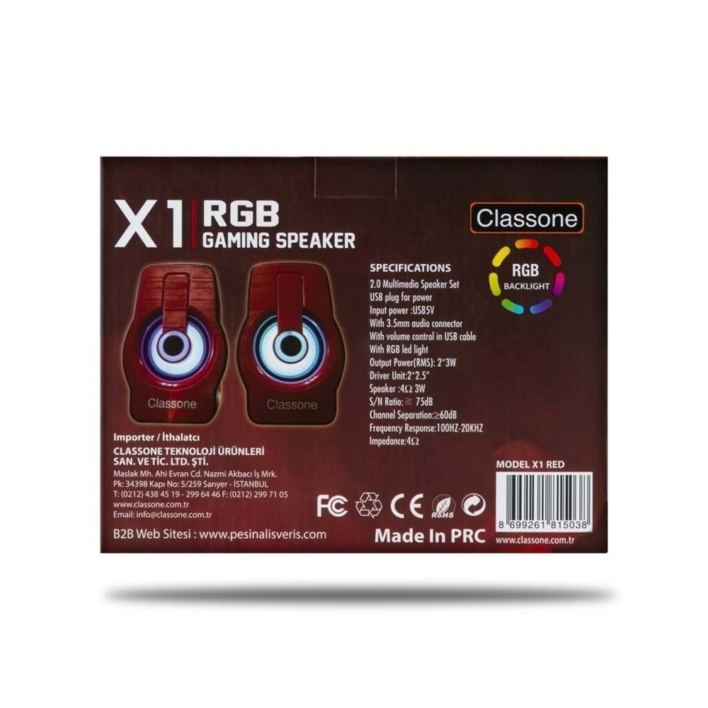 Classone Hoparlör 1+1 USB RGB X1 Red